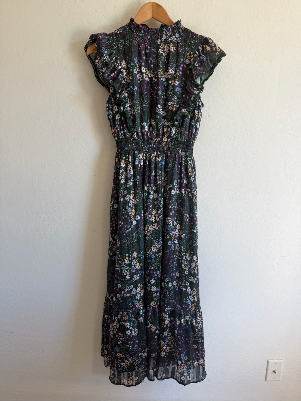 Lost + Wander Dark Green Floral Smocked High Neck Ruffle Midi Dress XS